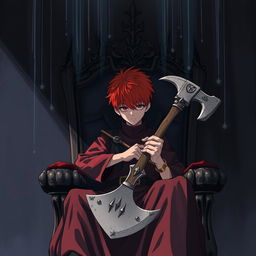 A manga-style illustration of a 15-year-old boy with vibrant red hair, sitting on a throne in a dark, shadowy room