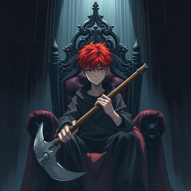 A manga-style illustration of a 15-year-old boy with vibrant red hair, sitting on a throne in a dark, shadowy room