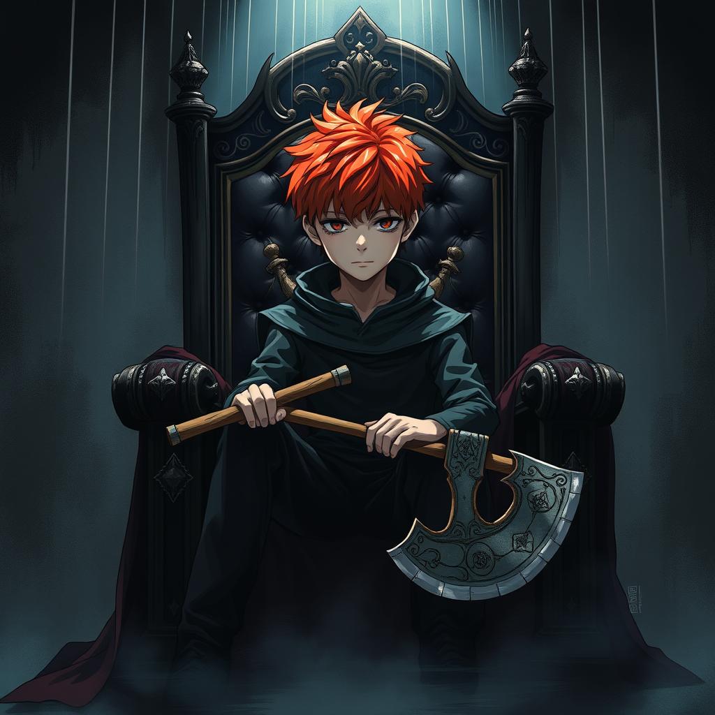 A manga-style illustration of a 15-year-old boy with vibrant red hair, sitting on a throne in a dark, shadowy room