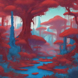 A crudely drawn image of an otherworldly ecosystem with xanthic jungles, blue meadows, and intricate rivers and water features, all rendered in an arresting shade of blood-red