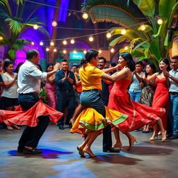 A vibrant scene of Cuban salsa dancers performing passionately in a lively street party