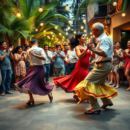 A vibrant scene of Cuban salsa dancers performing passionately in a lively street party