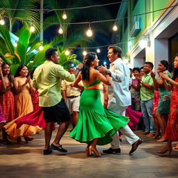 A vibrant scene of Cuban salsa dancers performing passionately in a lively street party