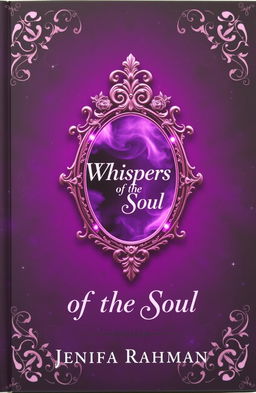 The cover of a fantasy book titled 'Whispers of the Soul', featuring a rich, velvety dark purple background adorned with subtle gradients of soft pinks, deep blacks, and shimmering silvers for a magical touch