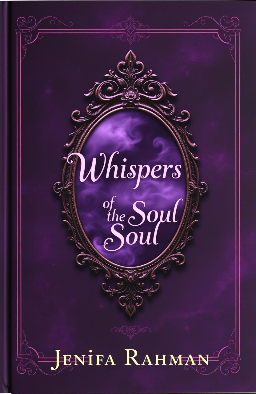 The cover of a fantasy book titled 'Whispers of the Soul', featuring a rich, velvety dark purple background adorned with subtle gradients of soft pinks, deep blacks, and shimmering silvers for a magical touch