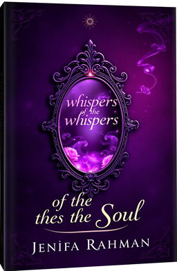 The cover of a fantasy book titled 'Whispers of the Soul', featuring a rich, velvety dark purple background adorned with subtle gradients of soft pinks, deep blacks, and shimmering silvers for a magical touch