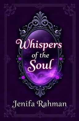 The cover of a fantasy book titled 'Whispers of the Soul', featuring a rich, velvety dark purple background adorned with subtle gradients of soft pinks, deep blacks, and shimmering silvers for a magical touch