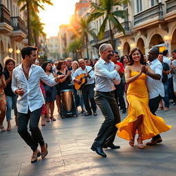 A vibrant street scene featuring Cuban salsa dancers in a lively outdoor plaza