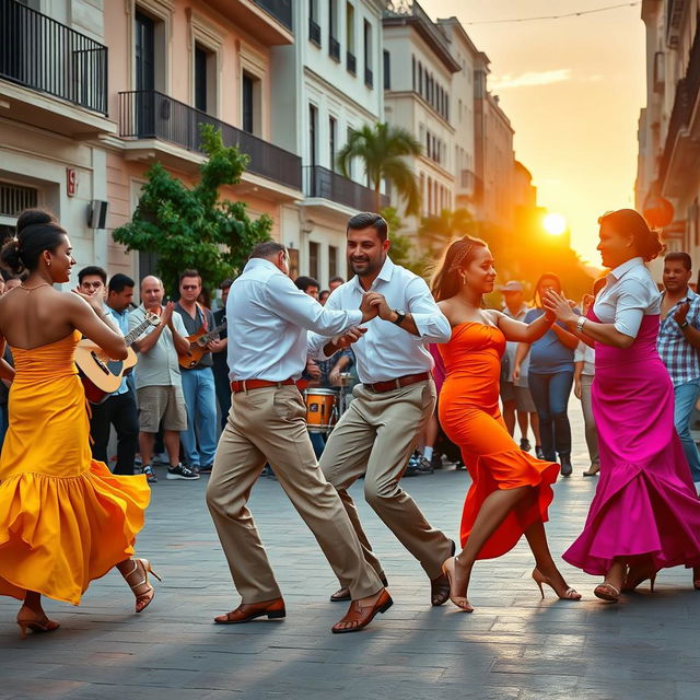 A vibrant street scene featuring Cuban salsa dancers in a lively outdoor plaza