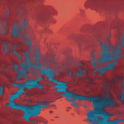 A crudely drawn image of an otherworldly ecosystem with xanthic jungles, blue meadows, and intricate rivers and water features, all rendered in an arresting shade of blood-red