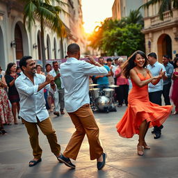 A vibrant street scene featuring Cuban salsa dancers in a lively outdoor plaza