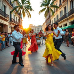 A vibrant street scene featuring Cuban salsa dancers in a lively outdoor plaza