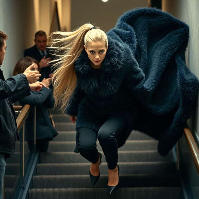 A scene depicting a pretty woman falling down a flight of stairs, her long blonde ponytail trailing behind her