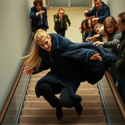 A scene depicting a pretty woman falling down a flight of stairs, her long blonde ponytail trailing behind her