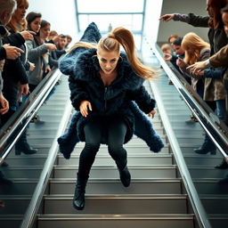A scene depicting a pretty woman falling down a flight of stairs, her long blonde ponytail trailing behind her