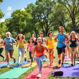 A vibrant and colorful celebration of health and wellness, featuring a diverse group of people exercising together in a park