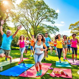 A vibrant and colorful celebration of health and wellness, featuring a diverse group of people exercising together in a park