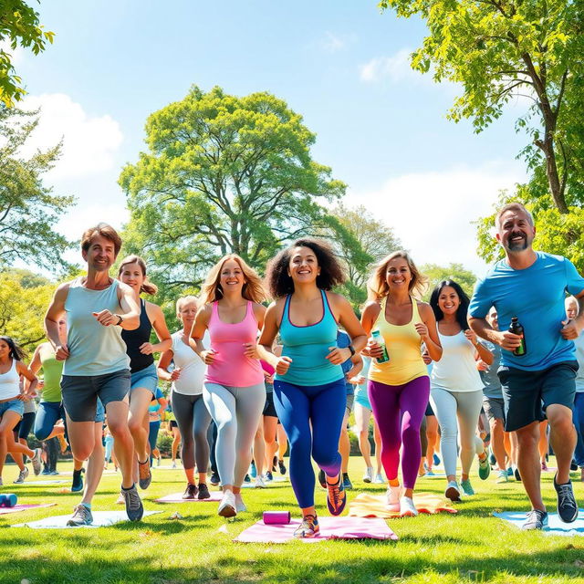 A vibrant and colorful celebration of health and wellness, featuring a diverse group of people exercising together in a park