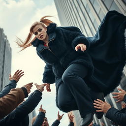 A dramatic scene depicting a pretty woman in mid-fall from a tall building, with her long blond hair styled in a ponytail trailing behind her