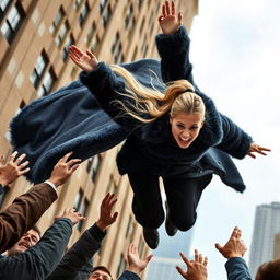 A dramatic scene depicting a pretty woman in mid-fall from a tall building, with her long blond hair styled in a ponytail trailing behind her
