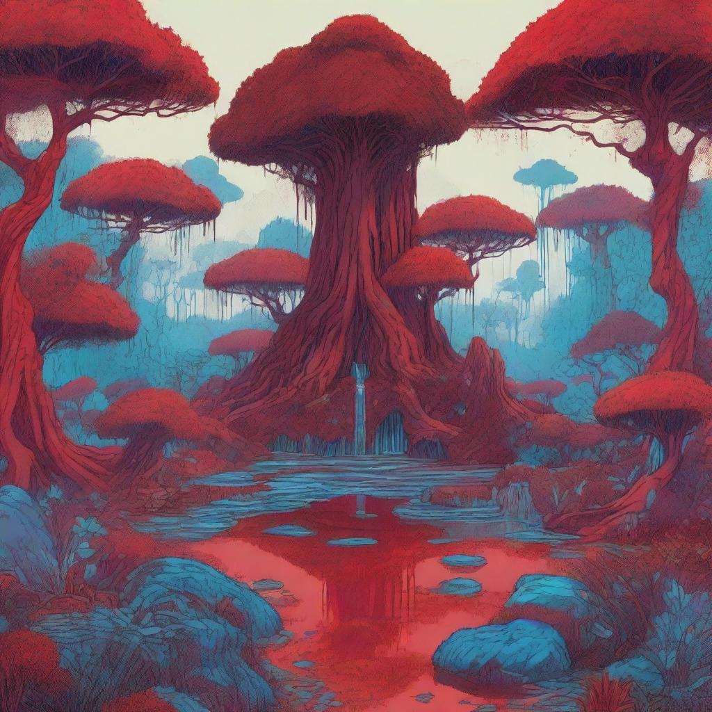 A crudely drawn image of an otherworldly ecosystem with xanthic jungles, blue meadows, and intricate rivers and water features, all rendered in an arresting shade of blood-red