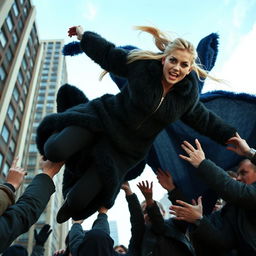 A dramatic scene depicting a pretty woman in mid-fall from a tall building, with her long blond hair styled in a ponytail trailing behind her