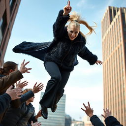 A dramatic scene depicting a pretty woman in mid-fall from a tall building, with her long blond hair styled in a ponytail trailing behind her