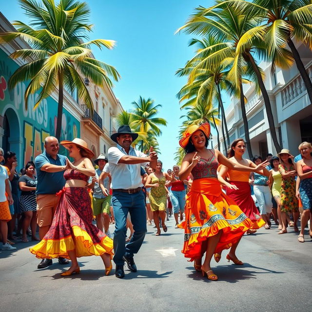 A vibrant street scene featuring Cuban salsa dancers, showcasing their dynamic movements and colorful outfits
