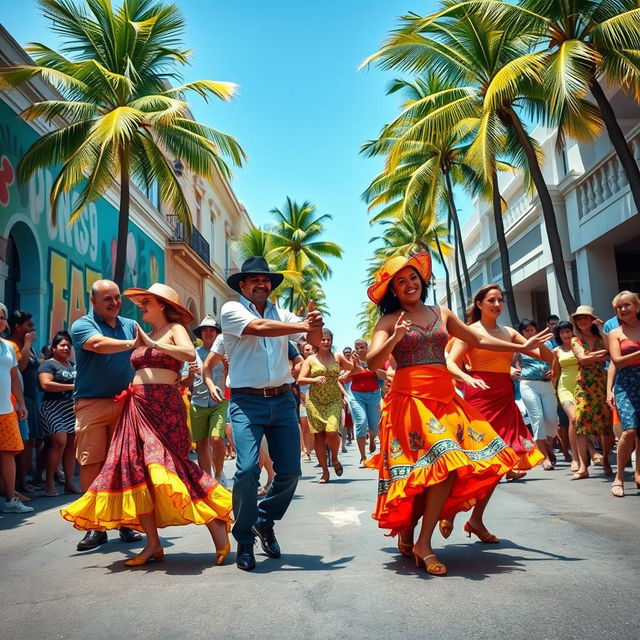 A vibrant street scene featuring Cuban salsa dancers, showcasing their dynamic movements and colorful outfits