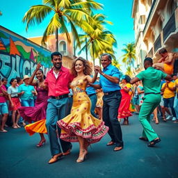 A vibrant street scene featuring Cuban salsa dancers, showcasing their dynamic movements and colorful outfits