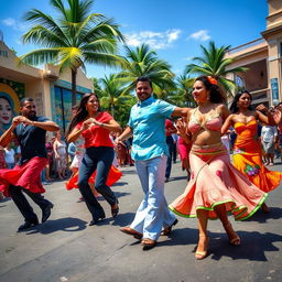 A vibrant street scene featuring Cuban salsa dancers, showcasing their dynamic movements and colorful outfits