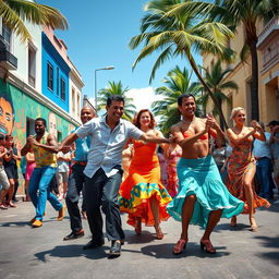 A vibrant street scene featuring Cuban salsa dancers, showcasing their dynamic movements and colorful outfits