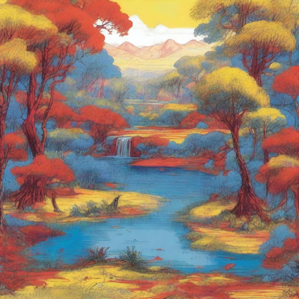 A crudely drawn landscape composed of yellow-toned jungles, bright blue meadows, contrasted by blood-red rivers