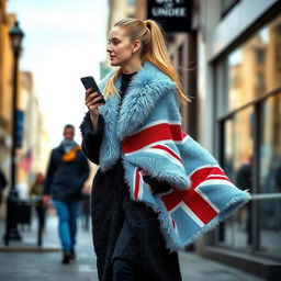 A pretty woman walking down the street, her long blond hair in a ponytail flowing behind her