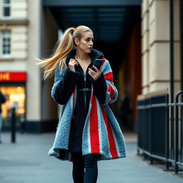 A pretty woman walking down the street, her long blond hair in a ponytail flowing behind her