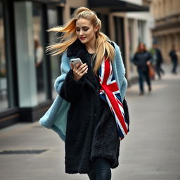 A pretty woman walking down the street, her long blond hair in a ponytail flowing behind her