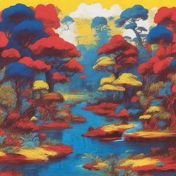 A crudely drawn landscape composed of yellow-toned jungles, bright blue meadows, contrasted by blood-red rivers