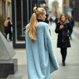 A beautiful woman walking down a city street, her long blond hair styled in a ponytail, flowing behind her