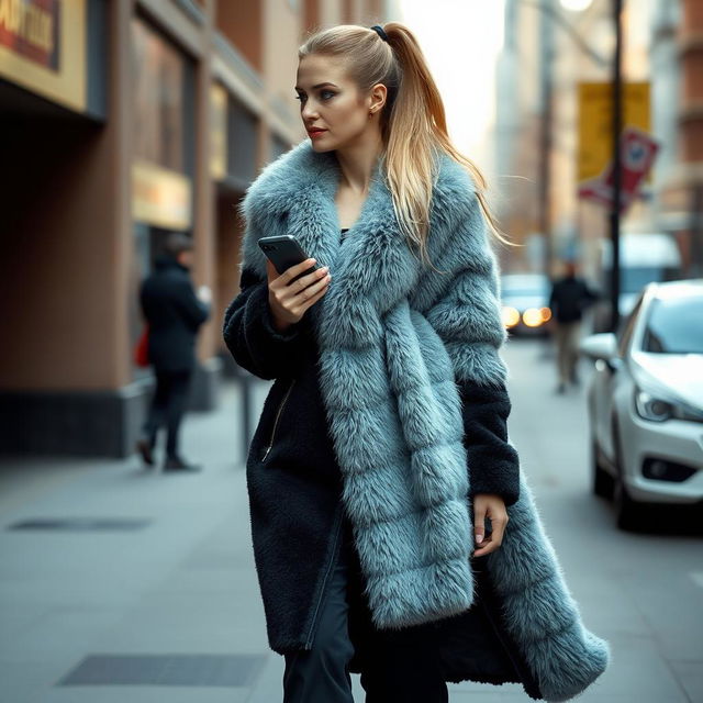 A beautiful woman walking down a city street, her long blond hair styled in a ponytail, flowing behind her