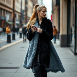 A beautiful woman walking down a city street, her long blond hair styled in a ponytail, flowing behind her
