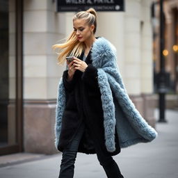 A beautiful woman walking down a city street, her long blond hair styled in a ponytail, flowing behind her