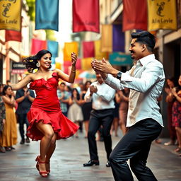 A vibrant street scene featuring Latin salsa dancers passionately performing under colorful banners