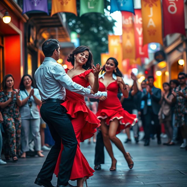 A vibrant street scene featuring Latin salsa dancers passionately performing under colorful banners