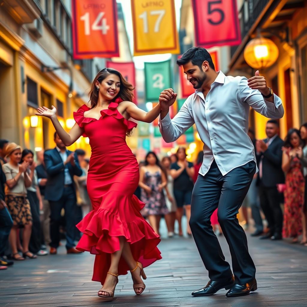 A vibrant street scene featuring Latin salsa dancers passionately performing under colorful banners