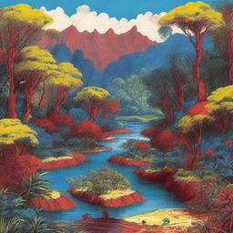 A crudely drawn landscape composed of yellow-toned jungles, bright blue meadows, contrasted by blood-red rivers