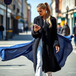 A beautiful woman walking down a street with her long blond hair in a ponytail flowing behind her