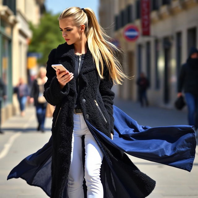 A beautiful woman walking down a street with her long blond hair in a ponytail flowing behind her