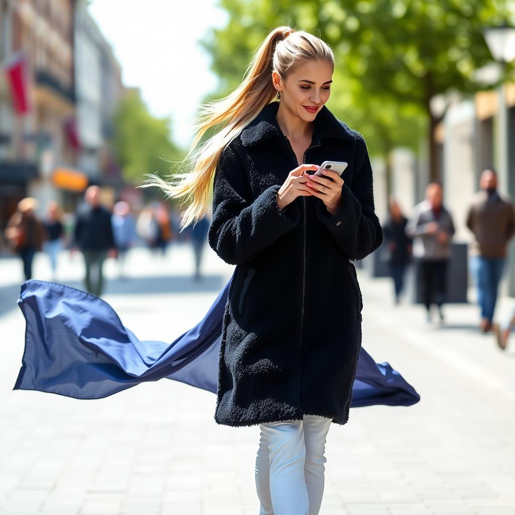 A beautiful woman walking down a street with her long blond hair in a ponytail flowing behind her