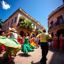 Vibrant street scene in Havana, Cuba, featuring energetic dancers performing traditional salsa and rumba, colorful clothing swirling as they move, with lively onlookers clapping and enjoying the atmosphere, colonial buildings in the background adorned with tropical plants, clear blue sky above, warm sunlight casting dynamic shadows, capturing the essence of Cuban culture and celebration
