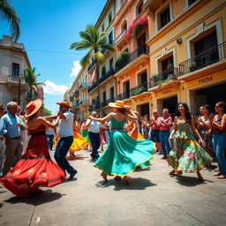 Vibrant street scene in Havana, Cuba, featuring energetic dancers performing traditional salsa and rumba, colorful clothing swirling as they move, with lively onlookers clapping and enjoying the atmosphere, colonial buildings in the background adorned with tropical plants, clear blue sky above, warm sunlight casting dynamic shadows, capturing the essence of Cuban culture and celebration